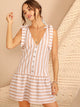 Knot Shoulder Button Front Striped Ruffle Hem Dress