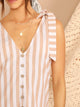 Knot Shoulder Button Front Striped Ruffle Hem Dress