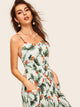Leaf Print Dual Pocket Button Front Cami Dress