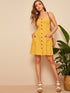 Pocket Patch Button Front Shirred Slip Dress