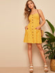 Pocket Patch Button Front Shirred Slip Dress