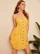 Pocket Patch Button Front Shirred Slip Dress
