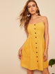 Pocket Patch Button Front Shirred Slip Dress