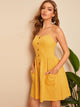 Pocket Patch Button Front Shirred Slip Dress