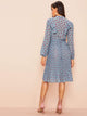Dot Print Tie Neck Ruffle Trim Pleated Dress