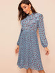 Dot Print Tie Neck Ruffle Trim Pleated Dress