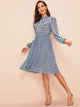 Dot Print Tie Neck Ruffle Trim Pleated Dress
