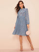 Dot Print Tie Neck Ruffle Trim Pleated Dress