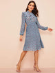 Dot Print Tie Neck Ruffle Trim Pleated Dress