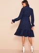70s Tie Neck Allover Heart Print Ruffle Dress