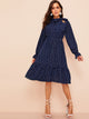 70s Tie Neck Allover Heart Print Ruffle Dress