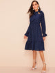 70s Tie Neck Allover Heart Print Ruffle Dress
