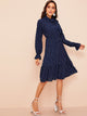 70s Tie Neck Allover Heart Print Ruffle Dress