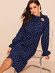 70s Tie Neck Allover Heart Print Ruffle Dress