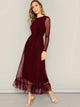 Fit and Flare Mesh Overlay Ruffle Hem Dress