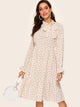 70s Tie Neck Allover Heart Print Ruffle Dress