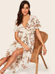 70s Flutter Sleeve Botanical Overlap Dress