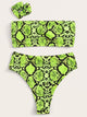 Neon Lime Snakeskin Bandeau Bikini Set With Hair Tie