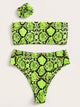 Neon Lime Snakeskin Bandeau Bikini Set With Hair Tie