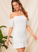Off Shoulder Ruffle Hem Bodycon Smocked Dress