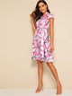 Mandarin Collar Cut Out Floral Print Satin Dress