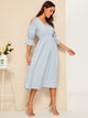 Lace Shoulder Elastic Waist Solid Dress