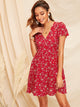 Half Button Front Flutter Sleeve Ditsy Floral Dress