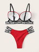 Letter Tape Underwire Top With Cut-out Bikini Set