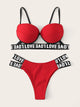 Letter Tape Underwire Top With Cut-out Bikini Set