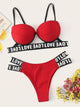 Letter Tape Underwire Top With Cut-out Bikini Set