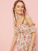 Heart Print Shirred Knot Detail Ruffle Trim Dress