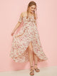 Heart Print Shirred Knot Detail Ruffle Trim Dress