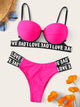 Letter Tape Underwire Top With Cut-out Bikini Set