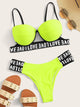 Letter Tape Underwire Top With Cut-out Bikini Set