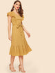 70s Ruffle Armhole Self Belted Dress