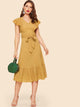 70s Ruffle Armhole Self Belted Dress