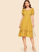 Puff Sleeve Covered Button Detail Frill Dress
