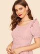 Puff Sleeve Covered Button Detail Frill Dress