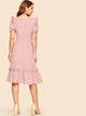 Puff Sleeve Covered Button Detail Frill Dress