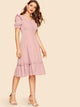 Puff Sleeve Covered Button Detail Frill Dress
