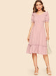Puff Sleeve Covered Button Detail Frill Dress