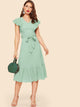 70s Ruffle Armhole Self Belted Dress