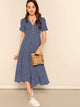 Allover Print Puff Sleeve Button Detail Dress