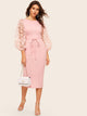 3D Appliques Floral Shoulder Tie Waist Pencil Dress