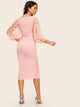 3D Appliques Floral Shoulder Tie Waist Pencil Dress