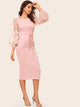 3D Appliques Floral Shoulder Tie Waist Pencil Dress
