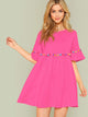 Pompom Trim Flounce Sleeve Smock Dress