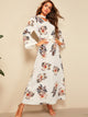 Floral Print Flounce Sleeve Belted Maxi Dress