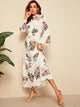 Floral Print Flounce Sleeve Belted Maxi Dress