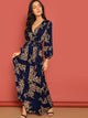 Scarf Print Plunge Belted Maxi Wrap Dress